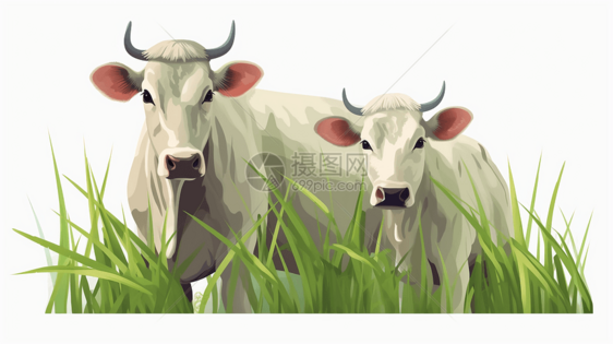 一对母牛在水稻植物上放牧图片
