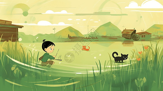 男孩在稻田中玩耍图片