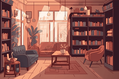 图书馆座位带有咖啡店和舒适座位的图书馆的平面插图插画