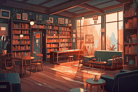 图书馆座位咖啡店插画