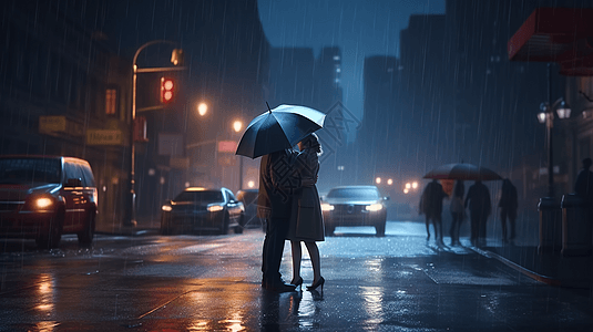 情侣雨中亲吻美丽的城市景观图片