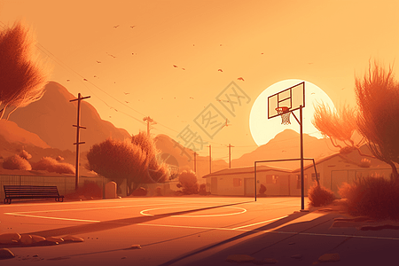 日落时篮球场的温暖而诱人的插图图片