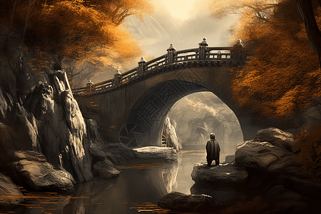 古风山涧石桥图片
