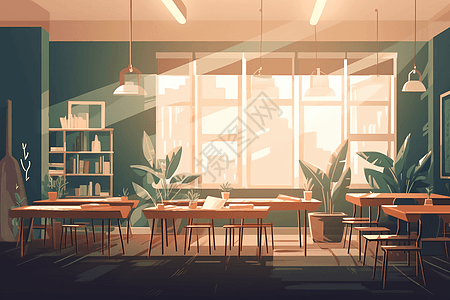 房间,漫画绿色植物宁静的教室插画