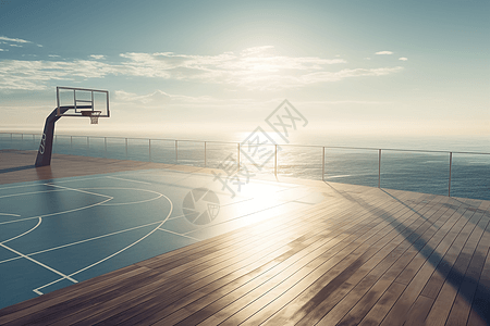 太阳下海边篮球场图片