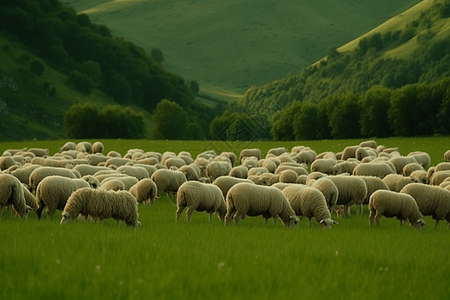 绿色牧场上的绵羊图片