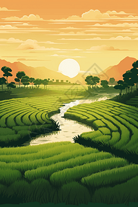 绿色稻田的宁静景观图片