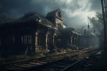 后世界末日世界中的一个废弃火车站图片