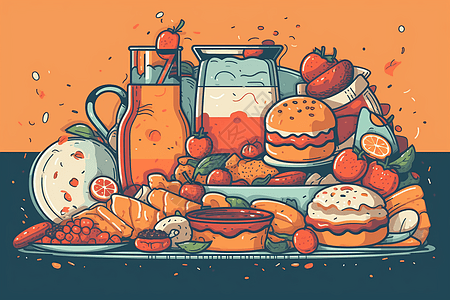 扁平食品和饮料的集合插图图片