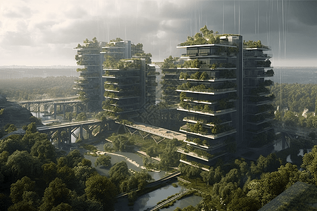 绿色城市植物覆盖建筑图片
