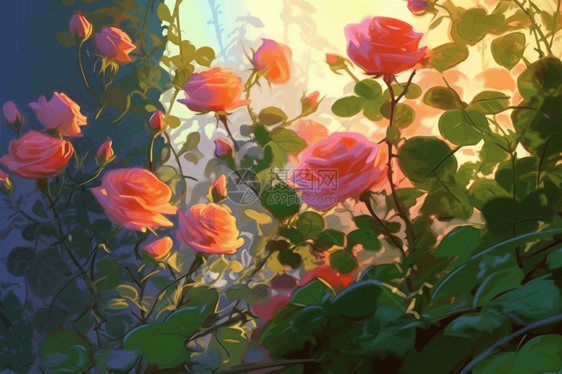 玫瑰花丛绘画图片