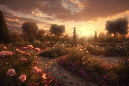 玫瑰,花朵,插画-玫瑰,花朵,卡通-玫瑰花园里的猫咪插图-摄图网