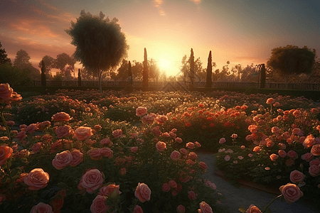 黄昏时的玫瑰园背景图片