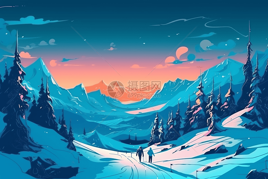 插画风冬季雪山滑雪图片