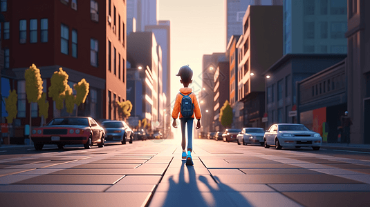 一个3D卡通渲染角色走向充满活力的城市景观图片