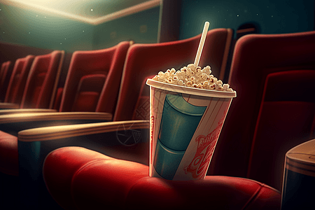 电影院座椅扶手上的一大桶爆米花图片