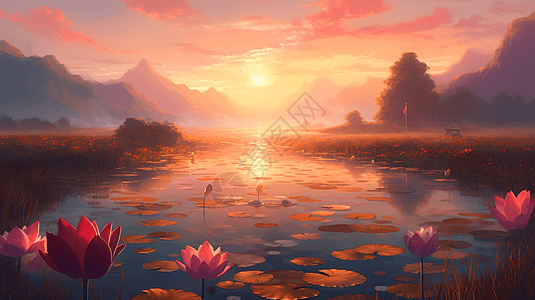 夕阳下的美丽的池塘图片