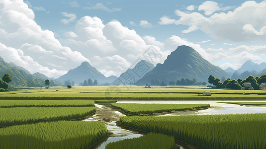 乡村的稻田景色图片