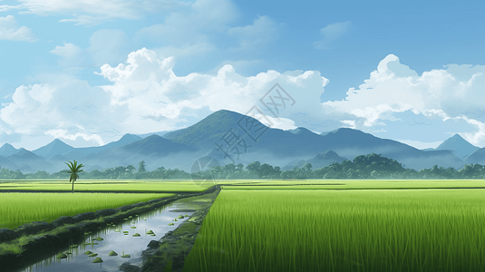 远处群山的稻田背景图片
