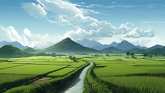 乡村的绿色稻田图片