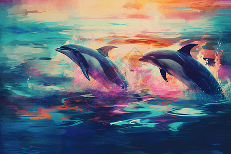海豚在水中嬉戏的插画图片