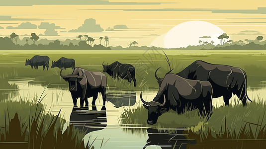 一群水牛在稻田中图片