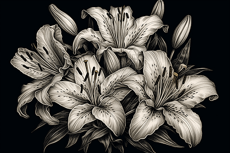 黑白的百合花插画背景图片