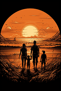 一家人走在日落的海滩图片