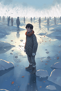一个中国小男孩在冰冻的湖面上图片