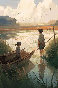 两个小朋友在湖边抓鱼图片
