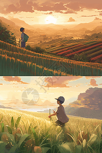 一个中国小男孩在肥沃的田野中图片