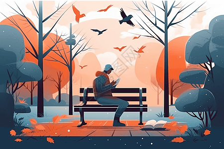 一个人在公园长椅上看书头上有小鸟飞过图片