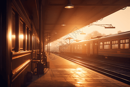 落日和灯光氛围下的火车站图片