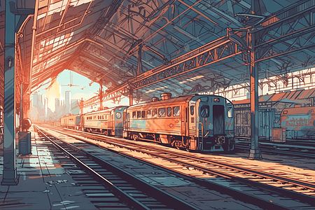 阳光照射在火车站的火车上图片