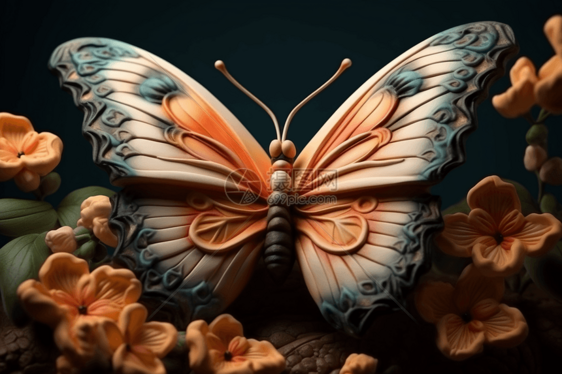 蝴蝶栖息在花上的3D泥塑图片