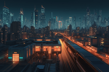 夜晚摩天大楼中的火车站图片