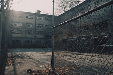 监狱院子里被铁丝网挡住的篮球场图片