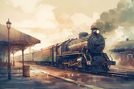 彩色带有老式蒸汽火车的火车站图片