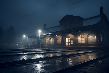 暴风雨之夜灯光下的火车站图片