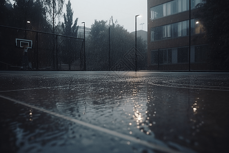 被雨淋湿的篮球场背景