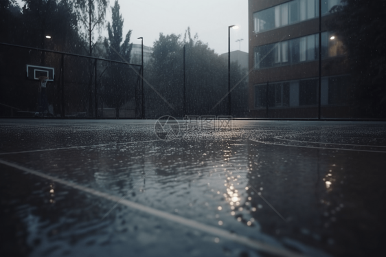 被雨淋湿的篮球场图片