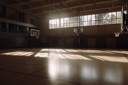 阳光照射在室内篮球场图片