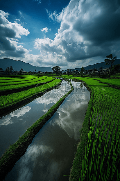 稻田风景如画的夏季景观图片