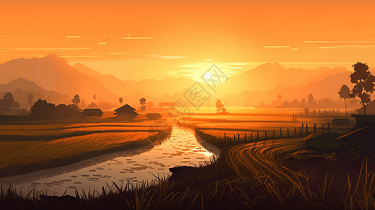 广阔的稻田上令人惊叹的日出图片
