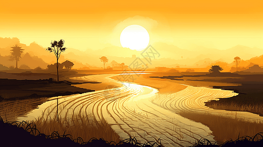 日落时广阔的稻田图片