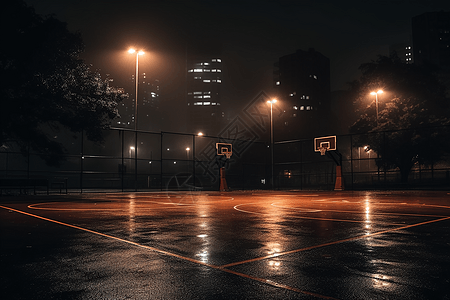 夜晚城市灯光夜晚的户外篮球场背景