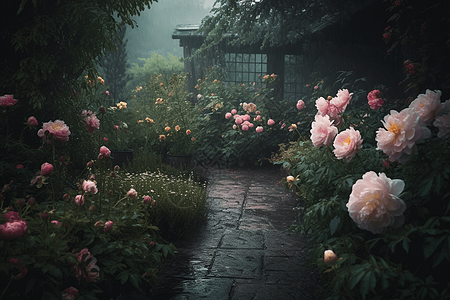 雨中浪漫后院中的花园设计图片