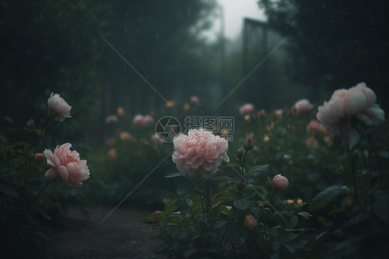 雨中牡丹园的浪漫场景图片