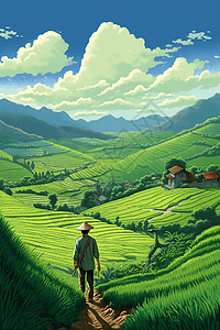农民在风景如画的绿色稻田中图片