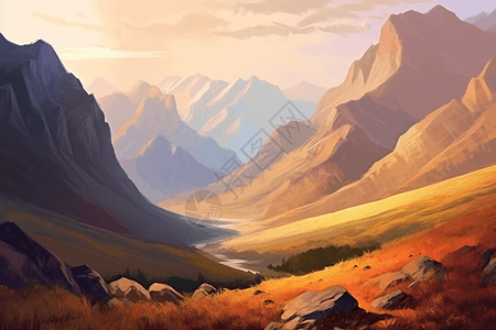油画风格的雄伟的山地景观图片